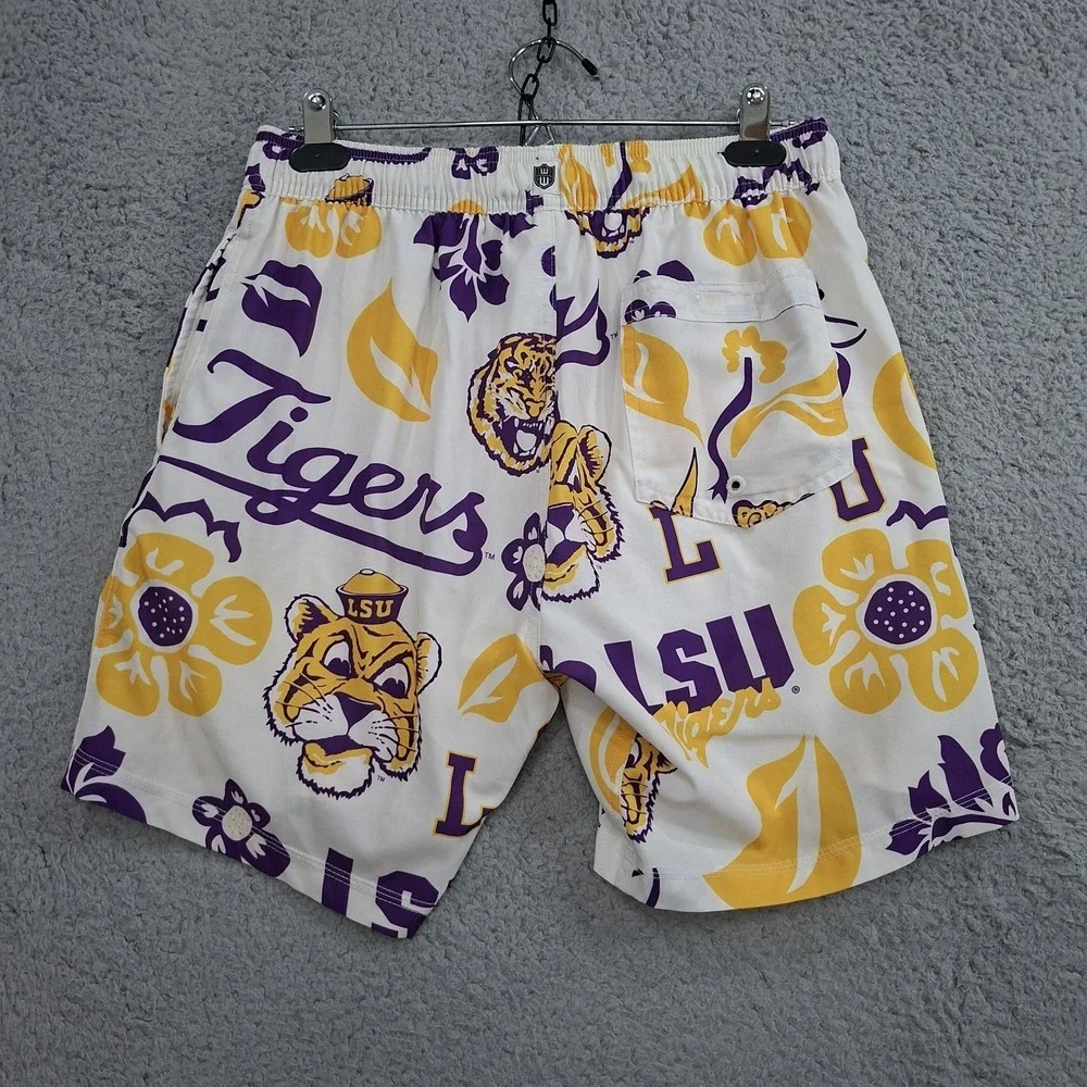 Wes and Willy LSU Tigers Board Shorts L Logo Floral Swim Trunks Vacation Travel‎